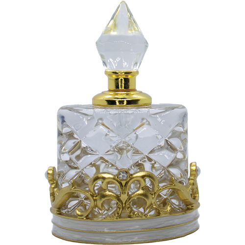 A 4 ml decorative clear glass fragrance bottle featuring a faceted, diamond cut texture and a regal gold toned crown base. The bottle is topped with a clear, pointed crystal style dabber cap with a gold metallic collar.