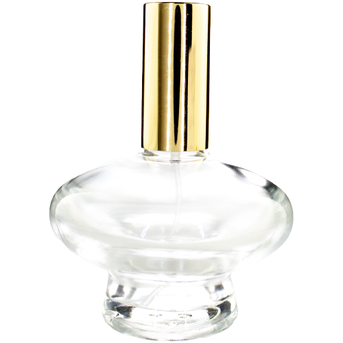 1.7oz. Short Oval Glass Spray Bottle, with gold sprayer and gold cap.