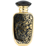 Spary bottle with a reflective gold metal body and rounded rectangular shape. The front features a  decorative panel with an intricate liquid lattice pattern. The bottle has a gold atomizer spray and a gold cap.