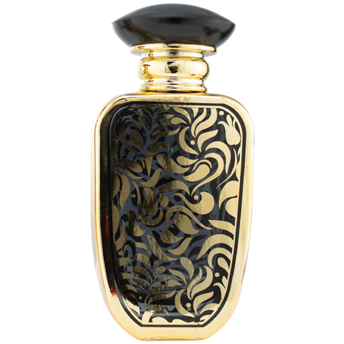 Spary bottle with a reflective gold metal body and rounded rectangular shape. The front features a  decorative panel with an intricate liquid lattice pattern. The bottle has a gold atomizer spray and a gold cap.