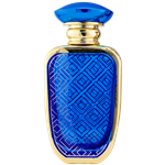 Spary bottle with a reflective gold metal body and rounded rectangular shape. The front features a  decorative panel with an intricate geometric lattice pattern. The bottle has a gold atomizer spray and a gold cap.