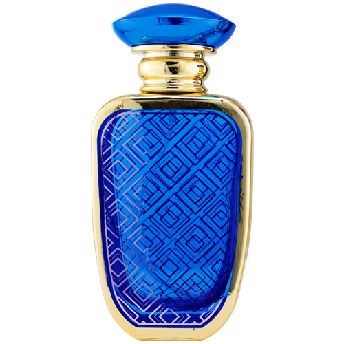 Spary bottle with a reflective gold metal body and rounded rectangular shape. The front features a  decorative panel with an intricate geometric lattice pattern. The bottle has a gold atomizer spray and a gold cap.