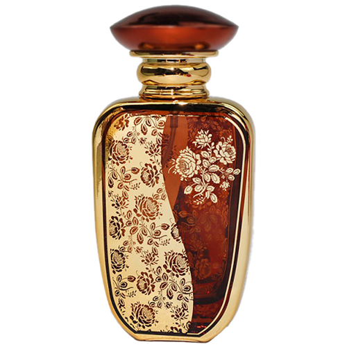 Spary bottle with a reflective gold metal body and rounded rectangular shape. The front features a  decorative panel with an intricate floral lattice pattern. The bottle has a gold atomizer spray and a gold cap.