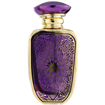Spary bottle with a reflective gold metal body and rounded rectangular shape. The front features a  decorative panel with an intricate floral lattice pattern. The bottle has a gold atomizer spray and a gold cap.
