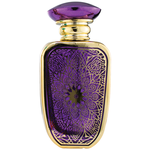 Spary bottle with a reflective gold metal body and rounded rectangular shape. The front features a  decorative panel with an intricate floral lattice pattern. The bottle has a gold atomizer spray and a gold cap.
