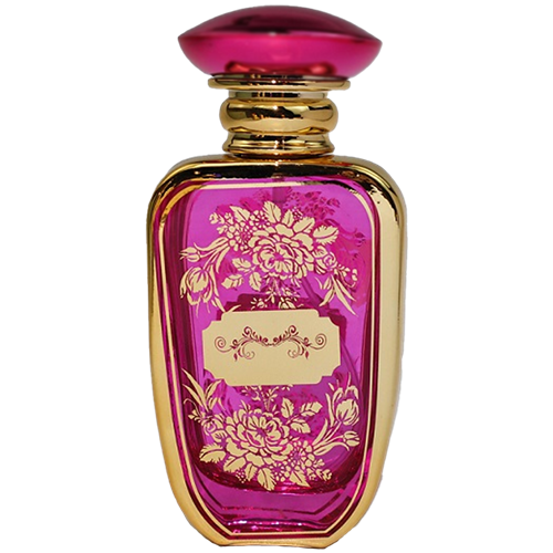 Spary bottle with a reflective gold metal body and rounded rectangular shape. The front features a  decorative panel with an intricate floral lattice pattern. The bottle has a gold atomizer spray and a gold cap.