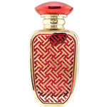 Spary bottle with a reflective gold metal body and rounded rectangular shape. The front features a  decorative panel with an intricate geometric lattice pattern. The bottle has a gold atomizer spray and a gold cap.