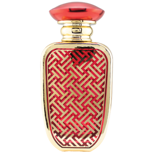 Spary bottle with a reflective gold metal body and rounded rectangular shape. The front features a  decorative panel with an intricate geometric lattice pattern. The bottle has a gold atomizer spray and a gold cap.