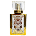 Rectangular fragrance bottle with a bold gold-mirrored frame along its edges, features a symmetrical gold decorative pattern resembling lattice window. The bottle has a polished gold neck and is topped with a clear, square-shaped crystalline cap.