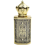 Rectangular spary bottle with a reflective gold metal body. The front features a  decorative Black  panel with  gold  lattice pattern. The bottle has a gold atomizer spray and a gold cap.
