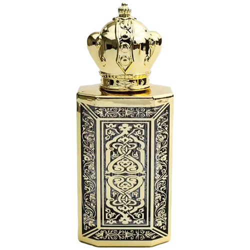 Rectangular spary bottle with a reflective gold metal body. The front features a  decorative Black  panel with  gold  lattice pattern. The bottle has a gold atomizer spray and a gold cap.