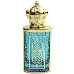 Rectangular spary bottle with a reflective gold metal body. The front features a  decorative blue panel with  gold  lattice pattern. The bottle has a gold atomizer spray and a gold cap.