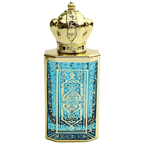 Rectangular spary bottle with a reflective gold metal body. The front features a  decorative blue panel with  gold  lattice pattern. The bottle has a gold atomizer spray and a gold cap.