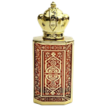 Rectangular spary bottle with a reflective gold metal body. The front features a  decorative brown panel with  gold  lattice pattern. The bottle has a gold atomizer spray and a gold cap.