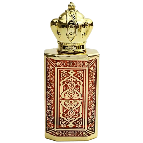 Rectangular spary bottle with a reflective gold metal body. The front features a  decorative brown panel with  gold  lattice pattern. The bottle has a gold atomizer spray and a gold cap.