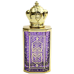 Rectangular spary bottle with a reflective gold metal body. The front features a  decorative Purple panel with  gold  lattice pattern. The bottle has a gold atomizer spray and a gold cap.