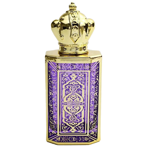 Rectangular spary bottle with a reflective gold metal body. The front features a  decorative Purple panel with  gold  lattice pattern. The bottle has a gold atomizer spray and a gold cap.