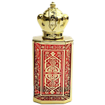 Rectangular spary bottle with a reflective gold metal body. The front features a  decorative red panel with  gold  lattice pattern. The bottle has a gold atomizer spray and a gold cap.