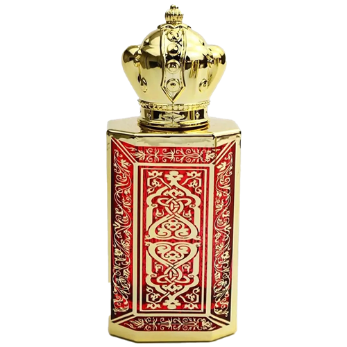 Rectangular spary bottle with a reflective gold metal body. The front features a  decorative red panel with  gold  lattice pattern. The bottle has a gold atomizer spray and a gold cap.