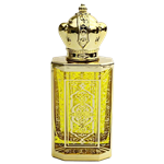 Rectangular spary bottle with a reflective gold metal body. The front features a  decorative Yellow  panel with  gold  lattice pattern. The bottle has a gold atomizer spray and a gold cap.