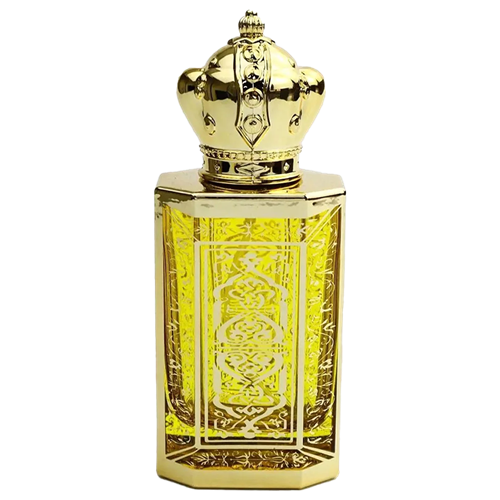 Rectangular spary bottle with a reflective gold metal body. The front features a  decorative Yellow  panel with  gold  lattice pattern. The bottle has a gold atomizer spray and a gold cap.
