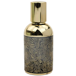 Cylindrical perfume bottle with a shiny gold cap and upper section. The lower half is black with an intricate gold contour-line pattern resembling a topographic map.