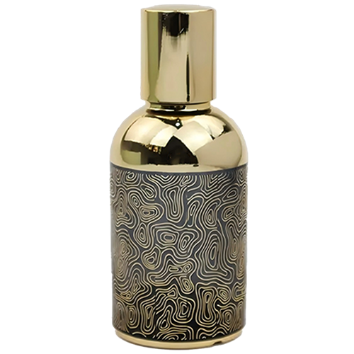 Cylindrical perfume bottle with a shiny gold cap and upper section. The lower half is black with an intricate gold contour-line pattern resembling a topographic map.