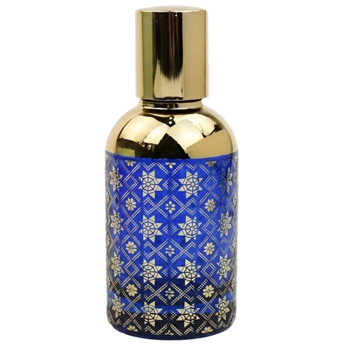 Cylindrical perfume bottle with a reflective gold cap and gold upper section. The lower half is  blue and decorated with an intricate geometric lattice pattern in gold.