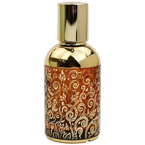 Cylindrical perfume bottle with a shiny gold cap and gold upper section. The lower half features a brown background with ornate gold swirling floral designs.