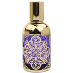 Cylindrical spray bottle with a polished gold cap and gold upper section. The lower half is rich purple and features a large circular ornamental medallion design accented with gold details.