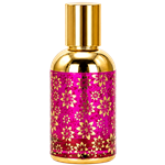 Cylindrical perfume bottle with a reflective gold cap and gold body. The surface features a delicate floral pattern in  gold with yellow backgorund, creating an elegant and luxurious appearance.