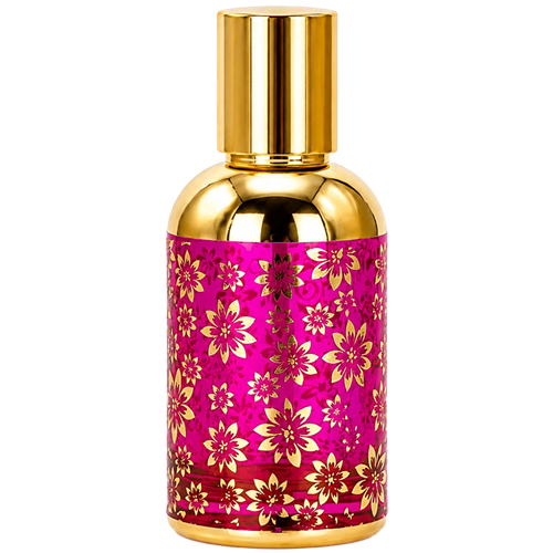 Cylindrical perfume bottle with a reflective gold cap and gold body. The surface features a delicate floral pattern in  gold with yellow backgorund, creating an elegant and luxurious appearance.