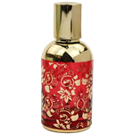Cylindrical perfume bottle with a polished gold cap and gold upper section. The lower half is deep red with decorative gold flowers, leaves, and swirling botanical patterns.
