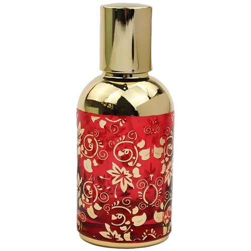 Cylindrical perfume bottle with a polished gold cap and gold upper section. The lower half is deep red with decorative gold flowers, leaves, and swirling botanical patterns.