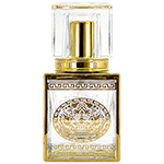 Square clear glass perfume spray bottles featuring an ornate gold pattern, gold collars, and clear acrylic block caps.