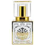 Square clear glass perfume spray bottles featuring an ornate gold pattern, gold collars, and clear acrylic block caps.