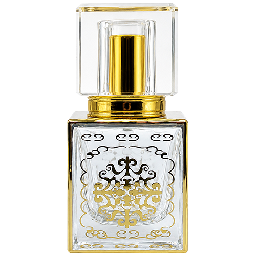 Square clear glass perfume spray bottles featuring an ornate gold pattern, gold collars, and clear acrylic block caps.