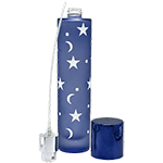 Blue slim frosted glass spray bottle featuring a white star and crescent moon pattern and a matching color metallic cap.