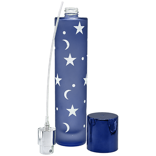 Blue slim frosted glass spray bottle featuring a white star and crescent moon pattern and a matching color metallic cap.