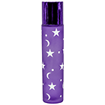 Purple slim frosted glass spray bottle featuring a white star and crescent moon pattern and a matching color metallic cap.