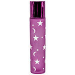 Pink slim frosted glass spray bottle featuring a white star and crescent moon pattern and a matching color metallic cap.