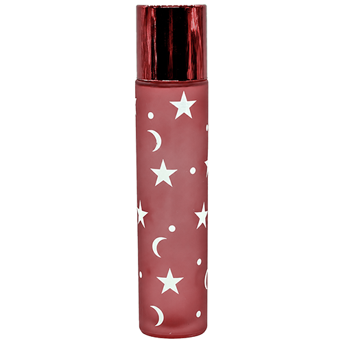 Red slim frosted glass spray bottle featuring a white star and crescent moon pattern and a matching color metallic cap.