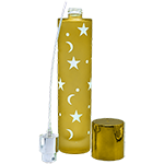 Yellow slim frosted glass spray bottle featuring a white star and crescent moon pattern and a matching color metallic cap.