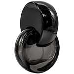 Black circular glass spray bottles featuring distinctive plastic semi circular arched loop cap that curve over the spray nozzles, with gold sprayer.
