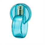 Blue circular glass spray bottles featuring distinctive plastic semi circular arched loop cap that curve over the spray nozzles, with gold sprayer.
