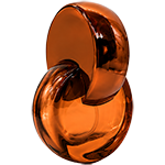 Brown circular glass spray bottles featuring distinctive plastic semi circular arched loop cap that curve over the spray nozzles, with gold sprayer.
