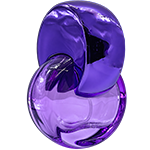 Purple circular glass spray bottles featuring distinctive plastic semi circular arched loop cap that curve over the spray nozzles, with gold sprayer.