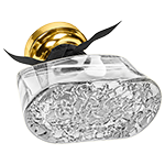 trapezoidal glass spray bottle featuring sweeping, curved shoulder that taper into a narrow neck, topped with a chunky gold circular pedestal cap.