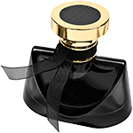 Black trapezoidal glass spray bottle featuring sweeping, curved shoulder that taper into a narrow neck, topped with a chunky gold circular pedestal cap.