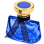 Blue trapezoidal glass spray bottle featuring sweeping, curved shoulder that taper into a narrow neck, topped with a chunky gold circular pedestal cap.